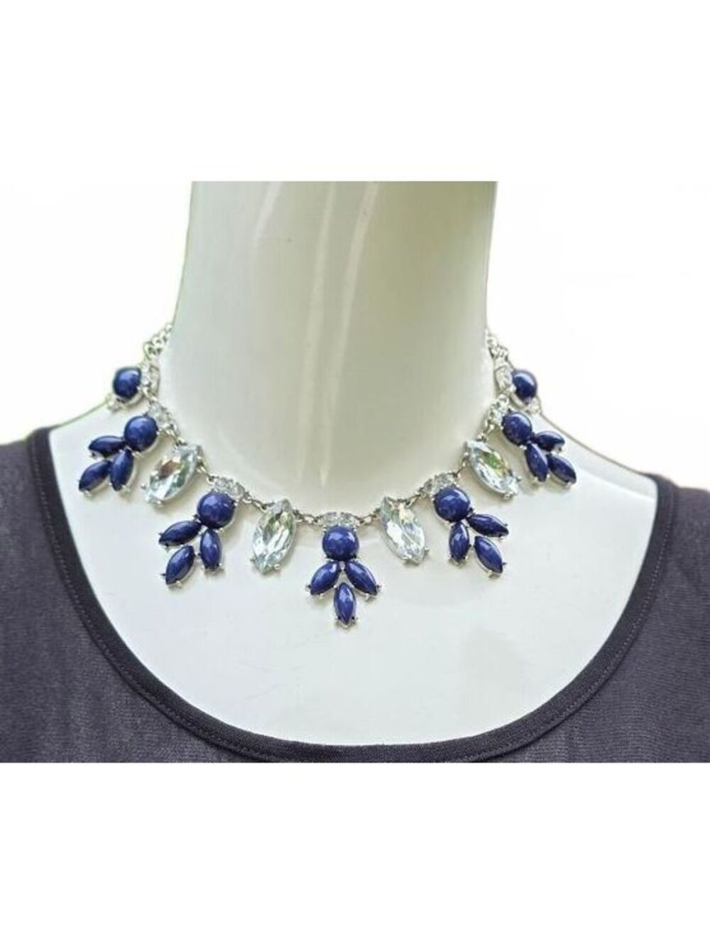 Navy Blue And Crystal Floral Statement Bib Necklace Silver Tone Costume Collar